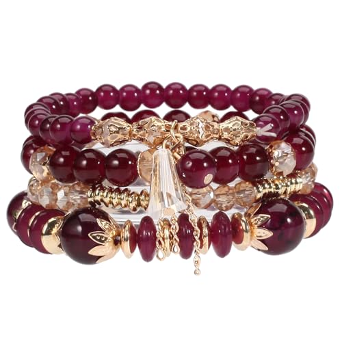 Damen Kristall Perlen Armband Boho Steine Armbänder Damen Mehrschichtiges Steine Armband Bohemian Perlen Armbander Stretch Stapelbare Bohemian Armbänder Boho Perlenarmband Set (Lila) von Hernin