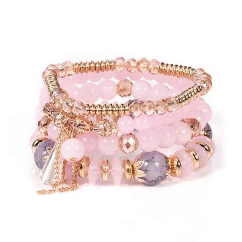 Damen Kristall Perlen Armband Boho Steine Armbänder Damen Mehrschichtiges Steine Armband Bohemian Perlen Armbander Stretch Stapelbare Bohemian Armbänder Boho Perlenarmband Set (Rosa) von Hernin