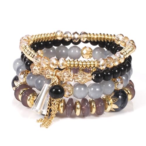 Damen Kristall Perlen Armband Boho Steine Armband Damen Mehrschichtiges Steine Armband Boho Perlenarmband Damen Stretch Stapelbare Bohemian Armbänder Boho Perlenarmband Set (Schwarz) von Hernin