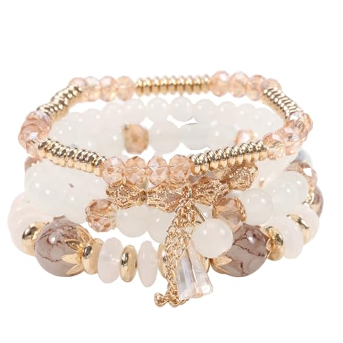 Damen Kristall Perlen Armband Boho Steine Armband Damen Mehrschichtiges Steine Armband Boho Perlenarmband Damen Stretch Stapelbare Bohemian Armbänder Boho Perlenarmband Set (Weiß) von Hernin