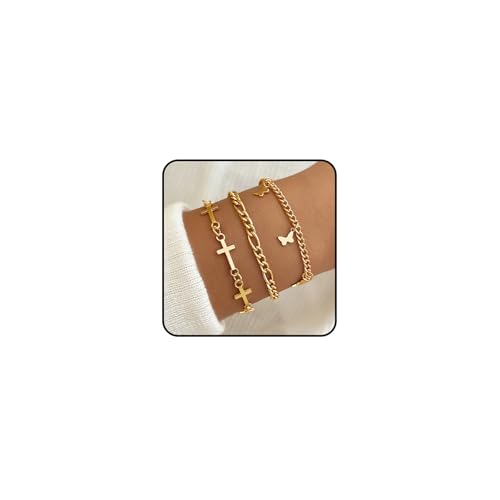 Hernin 3-6 Stück Armband Damen Gold Set Verstellbare Armband Damen Figaro Perlen Ketten Armbänder Gold Armband Boho Schmuck für Frauen Damen Mädchen (Goldset-3) von Hernin