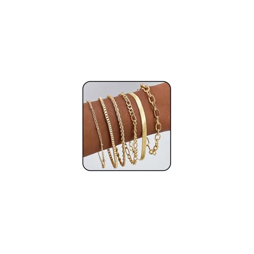 Hernin 3-6 Stück Armband Damen Gold Set Verstellbare Armband Damen Figaro Perlen Ketten Armbänder Gold Armband Boho Schmuck für Frauen Damen Mädchen (Goldset-6) von Hernin