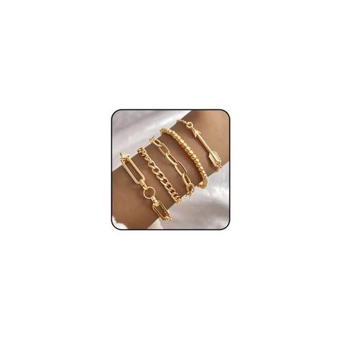 Hernin 3-6 Stück Armband Damen Gold Set Verstellbare Armband Damen Figaro Perlen Ketten Armbänder Gold Armband Boho Schmuck für Frauen Damen Mädchen (Goldset-8) von Hernin