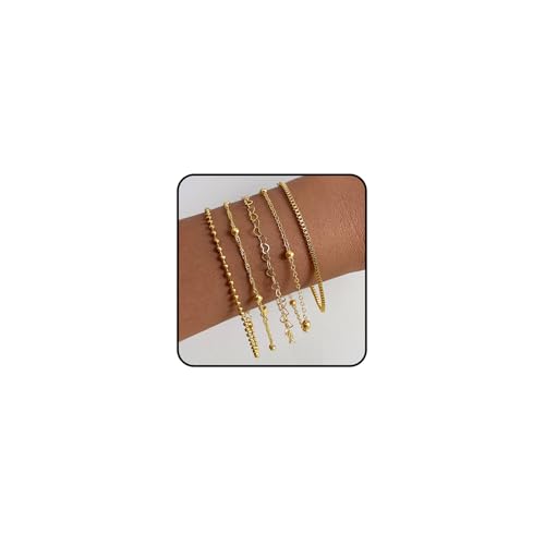 Hernin 3-6 Stück Armband Damen Gold Set Verstellbare Armband Damen Figaro Perlen Ketten Armbänder Gold Armband Boho Schmuck für Frauen Damen Mädchen (Goldset-9) von Hernin