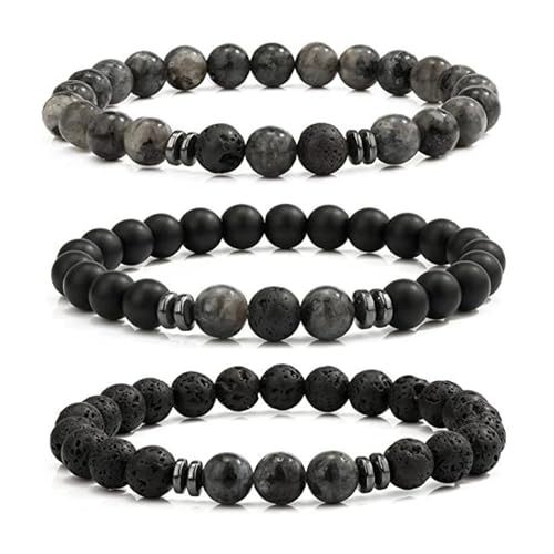 Hernin 3 Stück Tigerauge Herrenarmband Perlenarmband Perlen Armband Herren Tigerauge Stein Armband Handmade Lavastein Armband Elastische 8MM Naturstein Perlen Armbänder für Männer (Grau) von Hernin