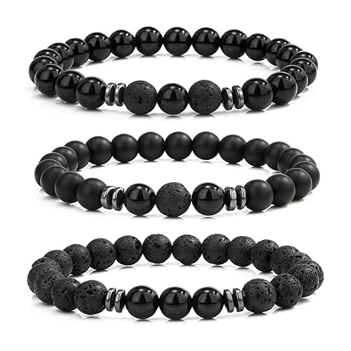 Hernin 3 Stück Tigerauge Herrenarmband Perlenarmband Perlen Armband Herren Tigerauge Stein Armband Handmade Lavastein Armband Elastische 8MM Naturstein Perlen Armbänder für Männer (Schwarz) von Hernin