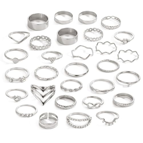 Hernin 30 Stück Gold/Silber Vintage Knuckle Ringe Set Frauen Gold Verstellbare Ringe Boho Vintage Punk Ringe Stapelbare Chunky Fingerrings Knuckle Silber Ringe Damen (Silberset) von Hernin