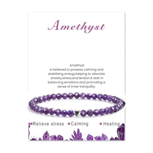 Hernin 4mm Naturstein Perlen Stretch Armband with Heart Bead Echtes Naturstein Armband für Damen und Herren 4mm Stretch Crystal Perlenarmband (Amethyst) von Hernin