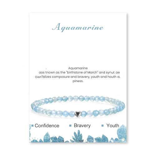 Hernin 4mm Naturstein Perlen Stretch Armband with Heart Bead Echtes Naturstein Armband für Damen und Herren 4mm Stretch Crystal Perlenarmband (Aquamarin) von Hernin