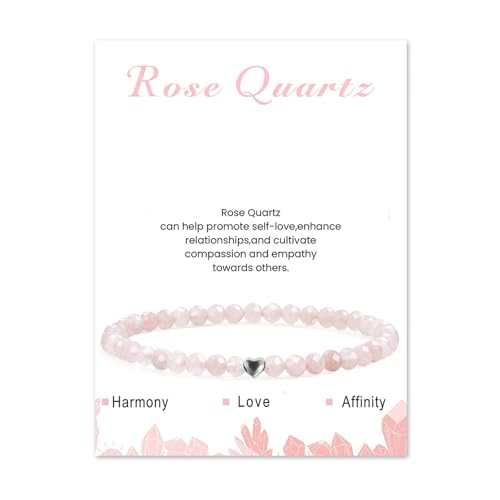 Hernin 4mm Naturstein Perlen Stretch Armband with Heart Bead Echtes Naturstein Armband für Damen und Herren 4mm Stretch Crystal Perlenarmband (Rosenquarz) von Hernin