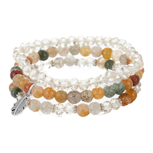 Hernin Damen Kristall Perlen Armband Perlenarmband Stretch Damen Armband Boho Perlenarmband mit Feder-Anhänger Mehrschichtiges Boho Armband Perlenarmband Stretch für Frauen Damen (Braun) von Hernin