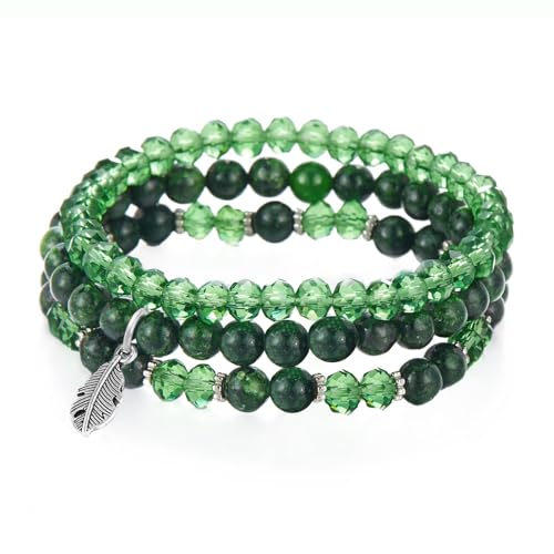 Hernin Damen Kristall Perlen Armband Perlenarmband Stretch Damen Armband Boho Perlenarmband mit Feder-Anhänger Mehrschichtiges Boho Armband Perlenarmband Stretch für Frauen Damen (Grün) von Hernin