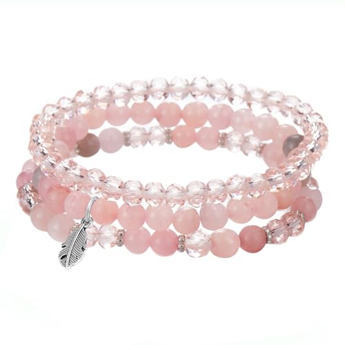 Hernin Damen Kristall Perlen Armband Perlenarmband Stretch Damen Armband Boho Perlenarmband mit Feder-Anhänger Mehrschichtiges Boho Armband Perlenarmband Stretch für Frauen Damen (Rosa) von Hernin