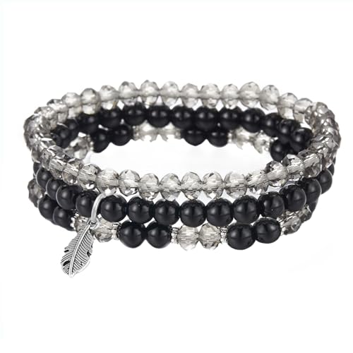 Hernin Damen Kristall Perlen Armband Perlenarmband Stretch Damen Armband Boho Perlenarmband mit Feder-Anhänger Mehrschichtiges Boho Armband Perlenarmband Stretch für Frauen Damen (Schwarz) von Hernin