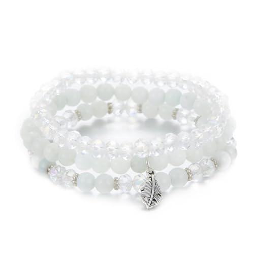 Hernin Damen Kristall Perlen Armband Perlenarmband Stretch Damen Armband Boho Perlenarmband mit Feder-Anhänger Mehrschichtiges Boho Armband Perlenarmband Stretch für Frauen Damen (Weiß) von Hernin
