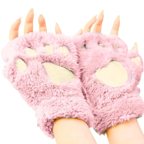 Hernyug Halbhandschuhe Fingerlos Handschuhe Damen Mädchen Plüsch Halb Handschuhe dicken warmen Fingerhandschue Cartoon Tier Bär Katze Krallen Winterhandschuhe (F, Keine Fingerlinge) von Hernyug