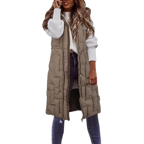 Hernyug Damen Lang Weste Steppweste Daunenweste Winter Warm Ärmellose Übergangsweste Winterjacke Longweste Outdoor Puffer Jacke Daunenmantel mit Kapuze Tasche (Coffee, XL) von Hernyug