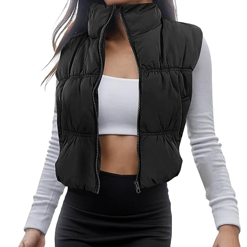 Hernyug Damen Weste Kurz Puffer Ärmellose Stehkragen Jacke Crop Puffer Daunenweste Reißverschluss Übergangsweste Winter Frühling Stehkragen, Gesteppt, Leicht (Black, S) von Hernyug