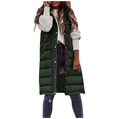 Hernyug Weste Damen Lang Steppweste Stehkragen gefüttert Ärmellose Lange Steppweste Winteroberbekleidung Daunenweste Einfarbig Leicht Warm Winterweste Daunenmantel Daunenjacke (X03-Green, XXXXXL) von Hernyug