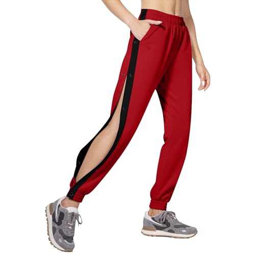 Jogginghose Damen Lang seitlich zu öffnen Knopfleiste Trainingshose, Sporthose Button Fitness Sweathose mit seitlicher Taschen, Freizeithose öffnen Persönlichkeit Seitenschnalle Split (Z0a1-Red, M) von Hernyug