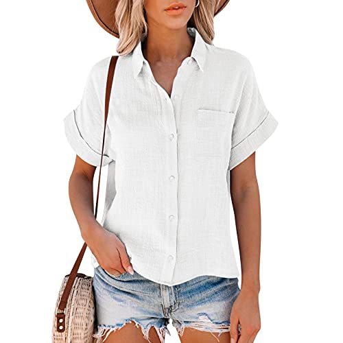 Leinenbluse Damen Hemd mit Brusttasche Sommer V-Ausschnitt Knopfleiste Bluse Kurzarm Oversize Revers Baumwolle Leinen Tops für Frauen Lose Casual Leinenhemd Einfarbig Tunika Tops Longshirt von Hernyug