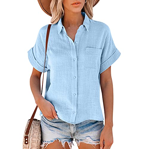 Leinenbluse Damen Hemd mit Brusttasche Sommer V-Ausschnitt Knopfleiste Bluse Kurzarm Oversize Revers Baumwolle Leinen Tops für Frauen Lose Casual Leinenhemd Einfarbig Tunika Tops Longshirt von Hernyug