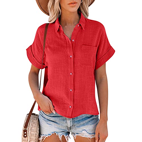 Leinenbluse Damen Hemd mit Brusttasche Sommer V-Ausschnitt Knopfleiste Bluse Kurzarm Oversize Revers Baumwolle Leinen Tops für Frauen Lose Casual Leinenhemd Einfarbig Tunika Tops Longshirt von Hernyug