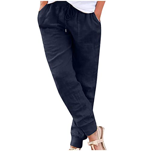 Leinenhose Damen Sommer 7/8 Lang Hose mit Kordelzug, Elastische Hohe Taille Baumwolle Leinen Stoffhose Chino Hose Casual Lockere Freizeithose Stretch Leicht Luftig Strandhose Sommer Hose mit Taschen von Hernyug