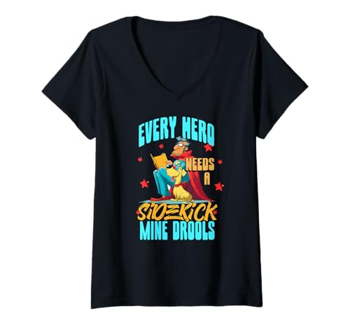 Damen Every Hero Needs a Sidekick. Mine drools. T-Shirt mit V-Ausschnitt Damen Every Hero Needs a Sidekick. Mine drools. T-Shirt mit V-Ausschnitt von Hero Sidekick Mine Drools Dog Bookmark Read Book