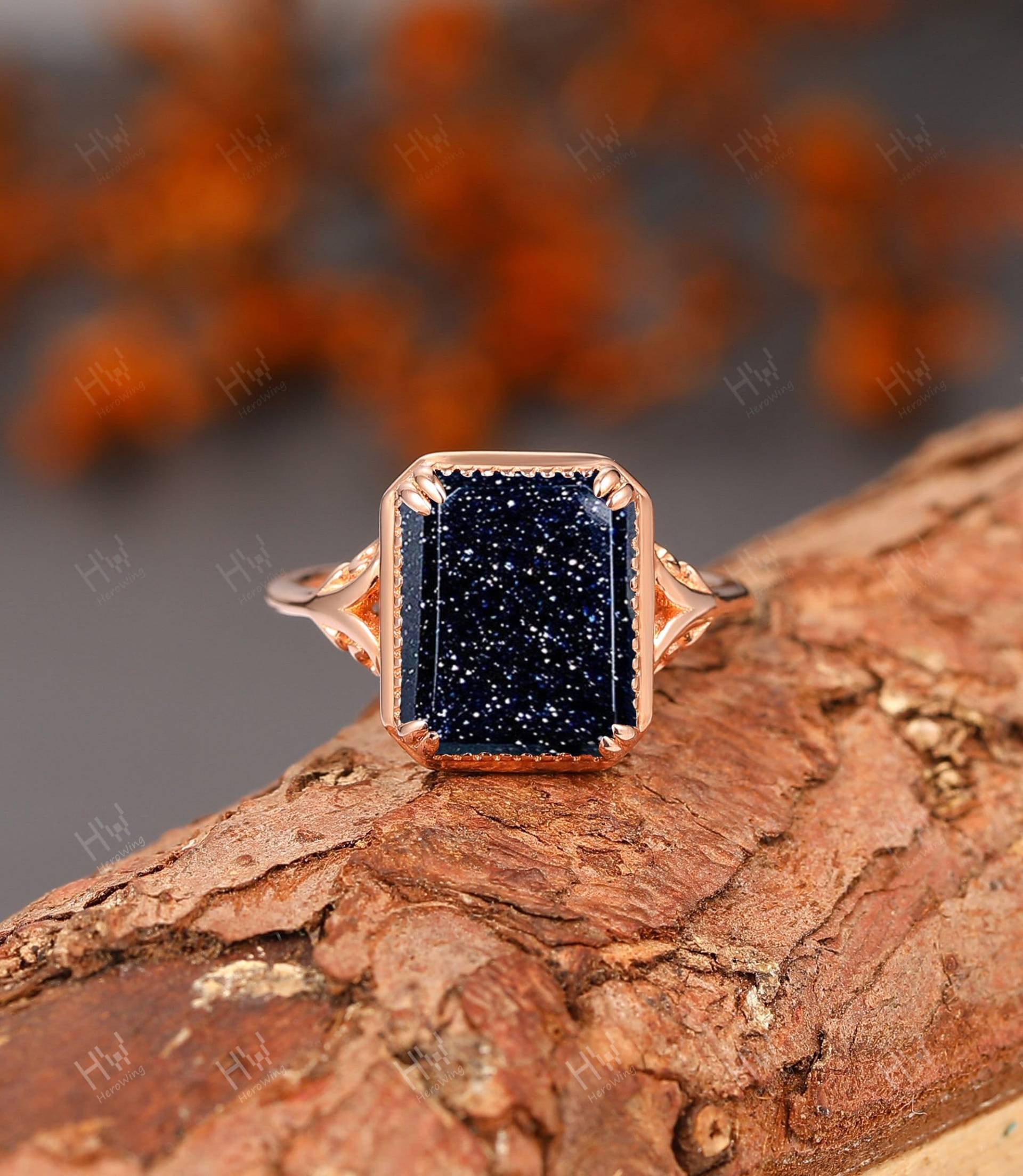 Damen Schmuck- Blauer Sandstein Birthstone Ring Rose Gold- Smaragd Cut Verlobungsring - Galaxy Schmuck Jahrestag Geschenk von HeroWing