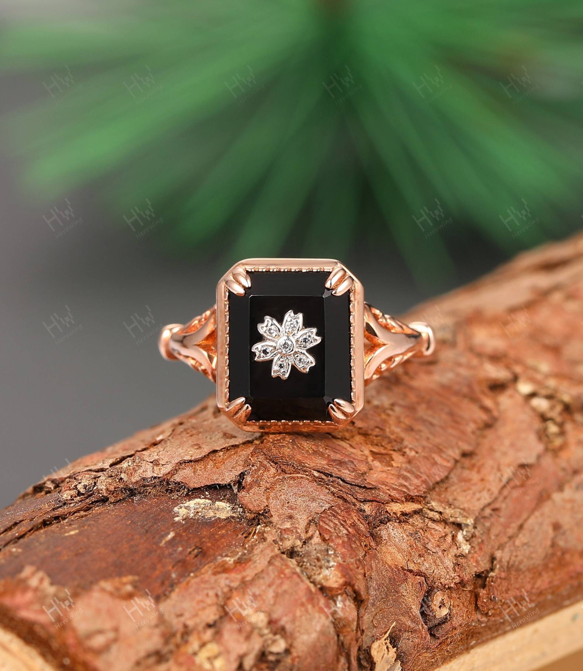 Lünette Set Natürliche Schwarze Onyx Vorschlag Ring-Vintage Smaragd Form Achat Verlobungsring Rose Gold-Schöne Ring-Damen Schmuck von HeroWing