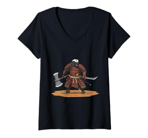 Damen Honigdachs Samurai – furchteinflößendes Krieger-Design T-Shirt mit V-Ausschnitt von Heroic Animal Samurai Apparel