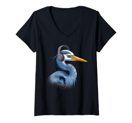 Damen Blue Heron Kopfhörer Birdwatcher T-Shirt mit V-Ausschnitt Damen Blue Heron Kopfhörer Birdwatcher T-Shirt mit V-Ausschnitt von Heron Birding Apparel