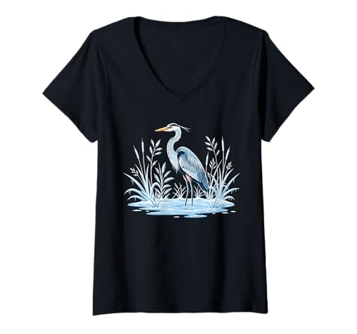 Damen Blue Heron Winter Wetlands Vogelbeobachter T-Shirt mit V-Ausschnitt Damen Blue Heron Winter Wetlands Vogelbeobachter T-Shirt mit V-Ausschnitt von Heron Birding Apparel