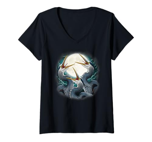Damen Drei Blaureiher Mond mit 3 Reihern und Mond Kostüm T-Shirt mit V-Ausschnitt Damen Drei Blaureiher Mond mit 3 Reihern und Mond Kostüm T-Shirt mit V-Ausschnitt von Heron Birding Apparel