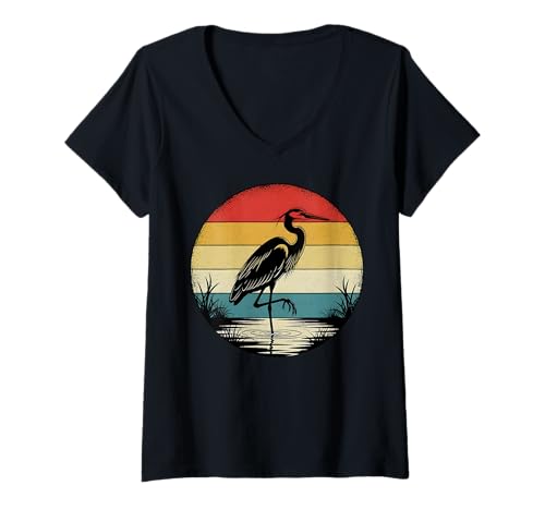 Damen Retro Blaureiher Vogelbeobachtung T-Shirt mit V-Ausschnitt Damen Retro Blaureiher Vogelbeobachtung T-Shirt mit V-Ausschnitt von Heron Birding Apparel