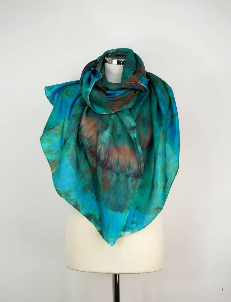 Seidentuch Groß Blau Lagunengrün Hand Gefärbt Seide Schals Damen Vintage Seidenschal von HeronDesignStudio