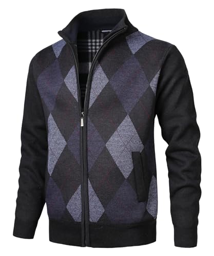 Herothorn Herren Argyle Cardigan Stehkragen Feinstrike gefütterter Pullover Gestrickt Fleecejacke von Herothorn
