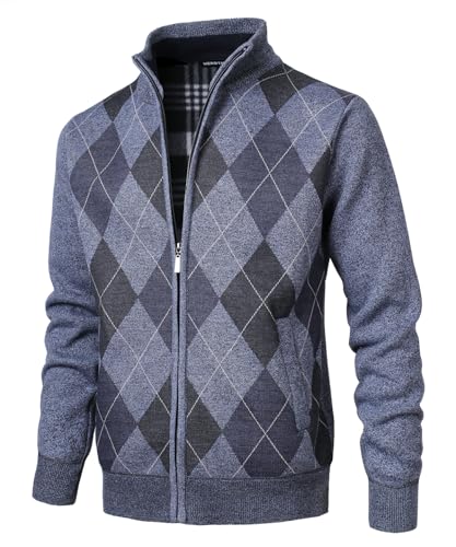 Herothorn Herren Argyle Cardigan Stehkragen Feinstrike gefütterter Pullover Gestrickt Fleecejacke von Herothorn