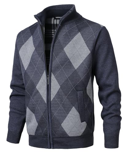 Herothorn Herren Argyle Cardigan Stehkragen Feinstrike gefütterter Pullover Gestrickt Fleecejacke von Herothorn