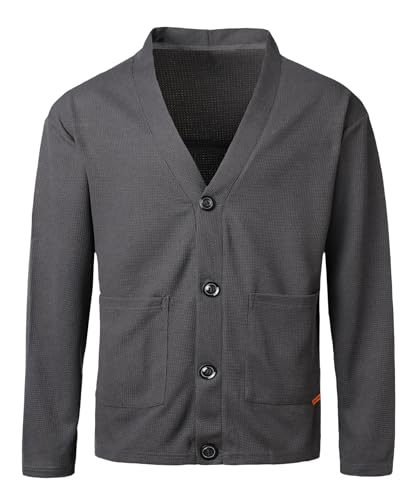 Herothorn Herren Langarm Strickjacke V-Ausschnitt Waffeljacke Leichte Oberbekleidung mit großen Taschen von Herothorn