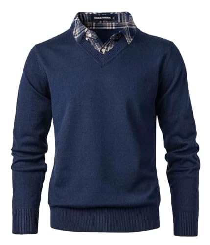 Herothorn Herren Strickpullover Fashion Pullover Soft Touch V-Ausschnitt Sweatshirt Top mit Plaid oder Weiß Mock Hemdkragen, A-navy, X-Groß von Herothorn