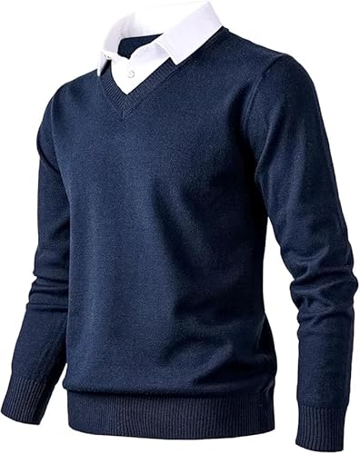 Herothorn Herren Strickpullover Fashion Pullover Soft Touch V-Ausschnitt Sweatshirt Top mit Plaid oder Weiß Mock Hemdkragen, Marineblau, X-Groß von Herothorn