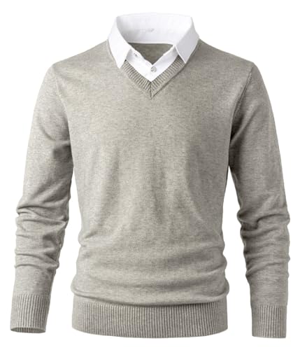 Herothorn Herren Strickpullover Mode Pullover Soft Touch V-Ausschnitt Sweater Top mit Mock Hemdkragen, Begie, XXL von Herothorn