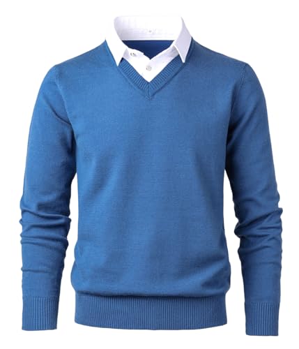 Herothorn Herren Strickpullover Mode Pullover Soft Touch V-Ausschnitt Sweater Top mit Mock Hemdkragen, Blau, L von Herothorn