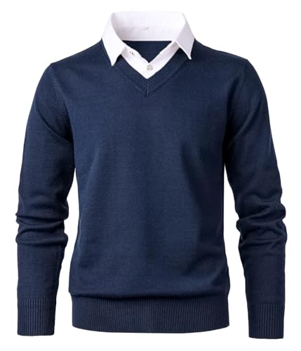 Herothorn Herren Strickpullover mit Mock Hemdkragen Pullover Soft Touch V-Ausschnitt Pullover Strickwaren Top mit Plaid & Wihte Kragen, B-Marineblau, XXL von Herothorn