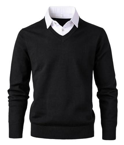 Herothorn Herren Strickpullover mit Stehkragen Pullover Soft Touch V-Ausschnitt Pullover Strickwaren Top mit Plaid & Wihte Kragen, B-schwarz, XL von Herothorn