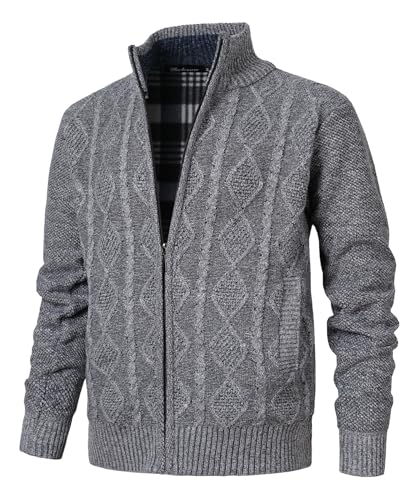 Herothorn Strickjacke Herren Langarm Stehkragen Cardigan Fleecejacke mit Zopfmuster Reißverschluss Jacke Gestrickt Pullover für Männer von Herothorn