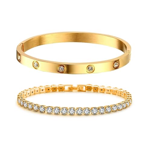 Herr Ozean Tennisarmband Damen Zirkonia Armreif : 2Pcs Armband für Frauen Edelstal 6mm Breit 17cm Armbänder Schmuck Geschenk golden für Mama Freund Tochter von Herr Ozean