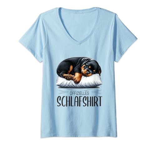 Damen Offizielles Schlafshirt süßer Hund Schlafanzug Rottweiler T-Shirt mit V-Ausschnitt von Herren Damen Kinder Nachthemd Hunde Pyjama